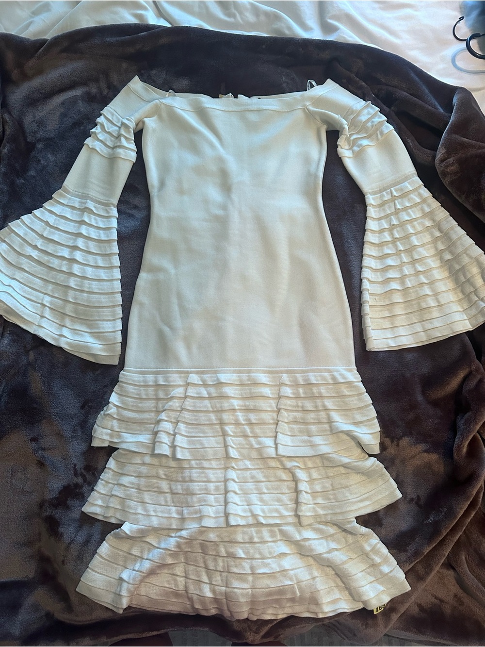 Marciano White Off-Shoulder Tiered Ruffle Midi Dress